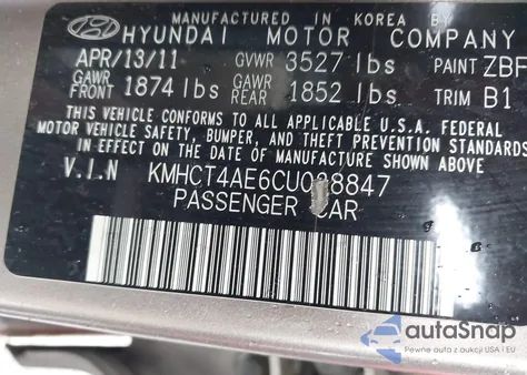 2012 Hyundai Accent Gls z USA, uszkodzony, nr VIN KMHCT4AE6CU038847